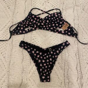 PINK Victoria's Secret Black Bikini with Pink Floral Design